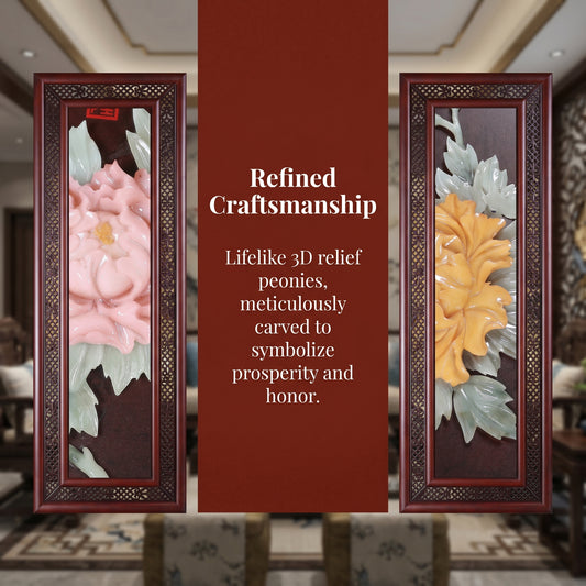 178cm Extra Long Blossom Prosperity Jade Relief Wall Art，Eyun Chinese Solid Wood Frame，Living Room&Dining Room Decor