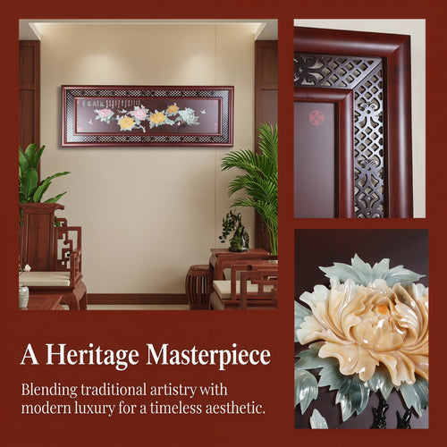 178cm Extra Long Blossom Prosperity Jade Relief Wall Art，Eyun Chinese Solid Wood Frame，Living Room&Dining Room Decor
