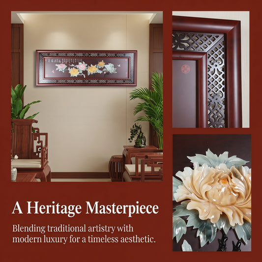 178cm Extra Long Blossom Prosperity Jade Relief Wall Art，Eyun Chinese Solid Wood Frame，Living Room&Dining Room Decor