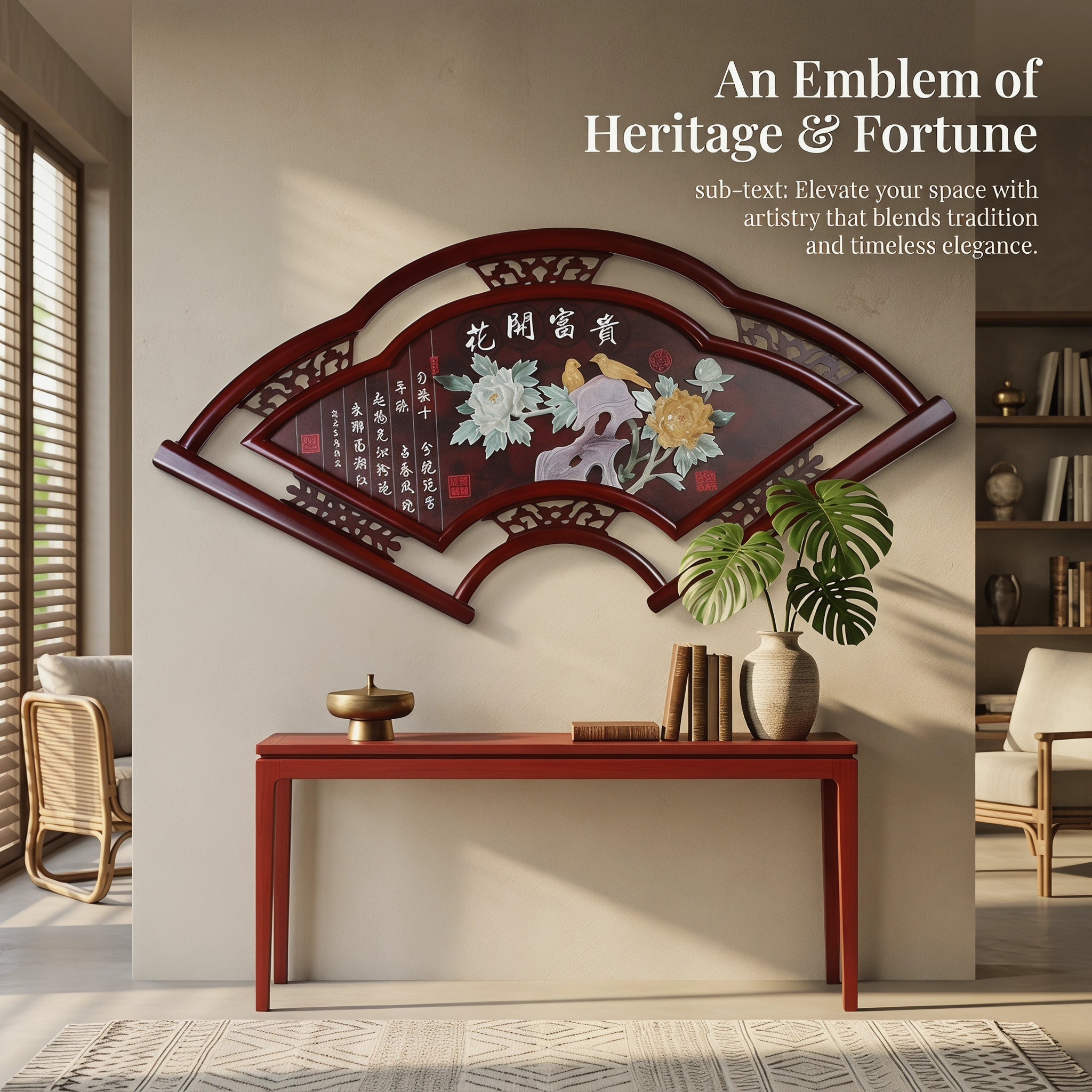Fan-Shaped Blossom Prosperity Jade Carving Wall Art，Eyun Chinese Solid Wood Frame，Decor for Living Room,Dining Room,Study,Tea Room