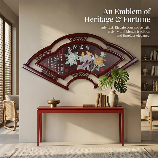 Fan-Shaped Blossom Prosperity Jade Carving Wall Art，Eyun Chinese Solid Wood Frame，Decor for Living Room,Dining Room,Study,Tea Room