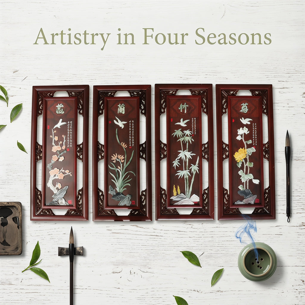 Chinese Solid Wood Frame Plum Orchid Bamboo Chrysanthemum Four-Panel Painting，Jade Relief Wall Art For Living Room Teahouse