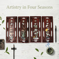 Chinese Solid Wood Frame Plum Orchid Bamboo Chrysanthemum Four-Panel Painting，Jade Relief Wall Art For Living Room Teahouse