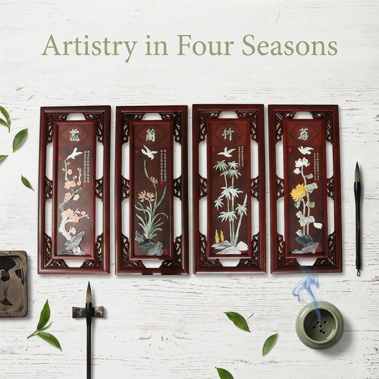 Chinese Solid Wood Frame Plum Orchid Bamboo Chrysanthemum Four-Panel Painting，Jade Relief Wall Art For Living Room Teahouse