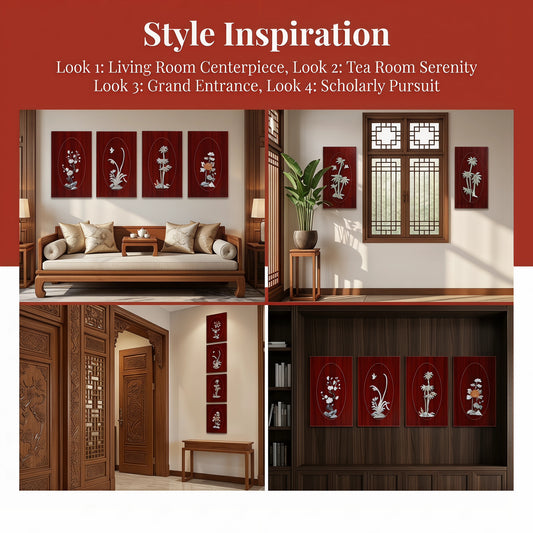 Chinese Classical Four Gentlemen Plum Orchid Bamboo Chrysanthemum Natural Jade Carving Wall Art 4PCS Scroll Painting