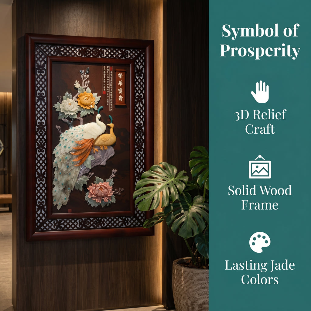 Handmade Peacock Peony Jade Carving Wall Hanging，Chinese Classical Solid Wood Wall Decor