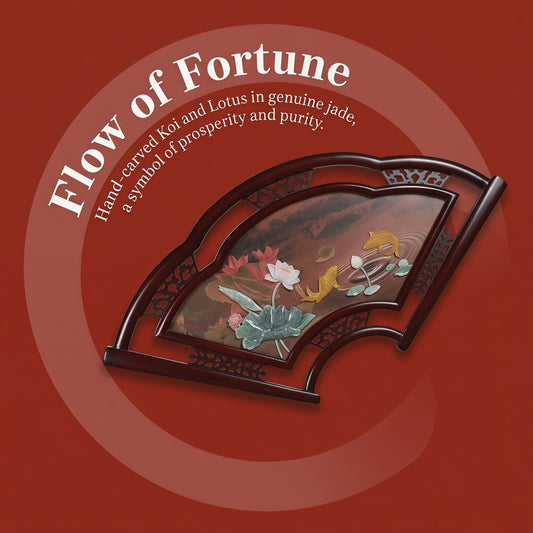 Eyun Chinese Fan-Shaped Abundant Fortune Jade Wall Art，Solid Wood Frame，Dining Room & Tea Room Decor