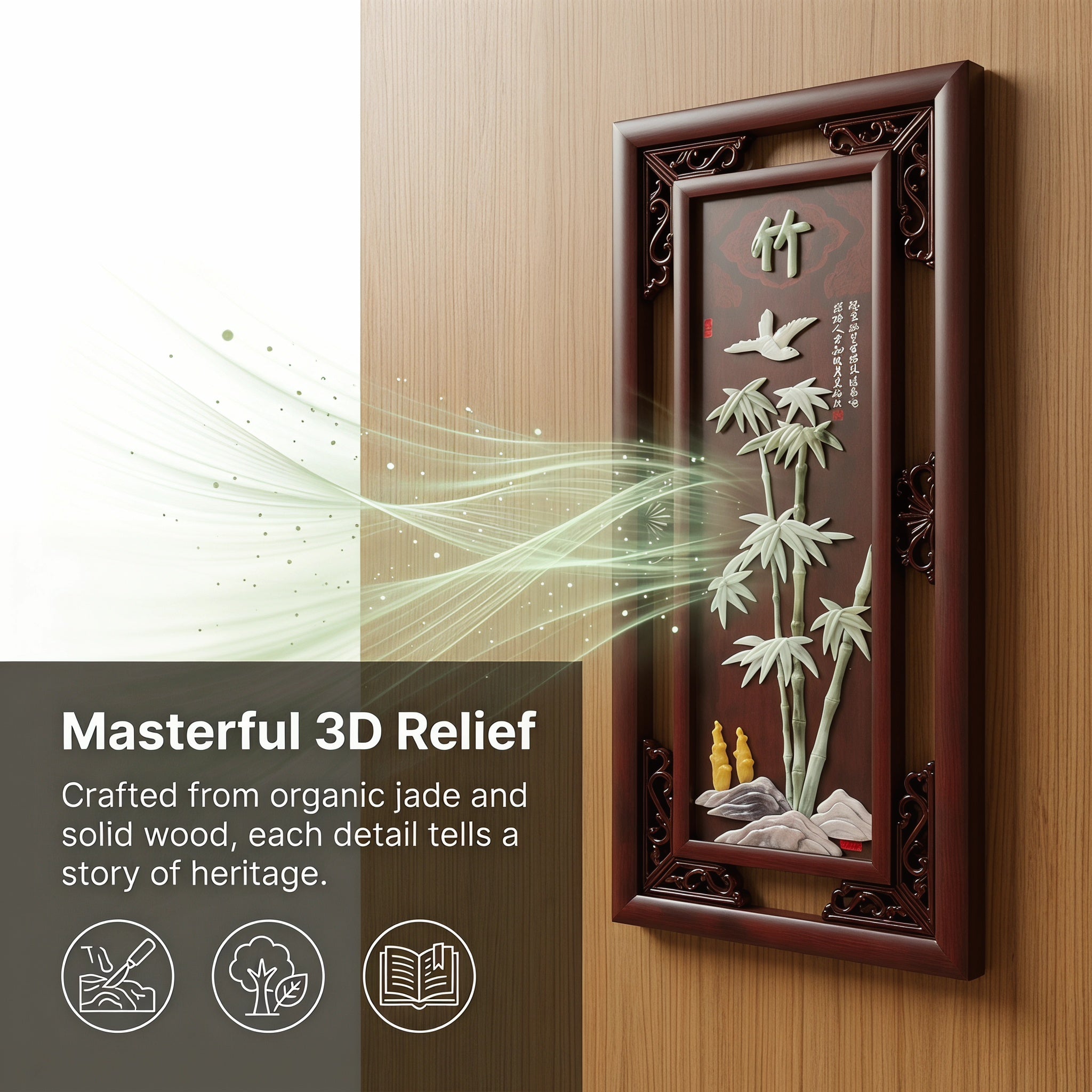 Chinese Solid Wood Frame Plum Orchid Bamboo Chrysanthemum Four-Panel Painting，Jade Relief Wall Art For Living Room Teahouse