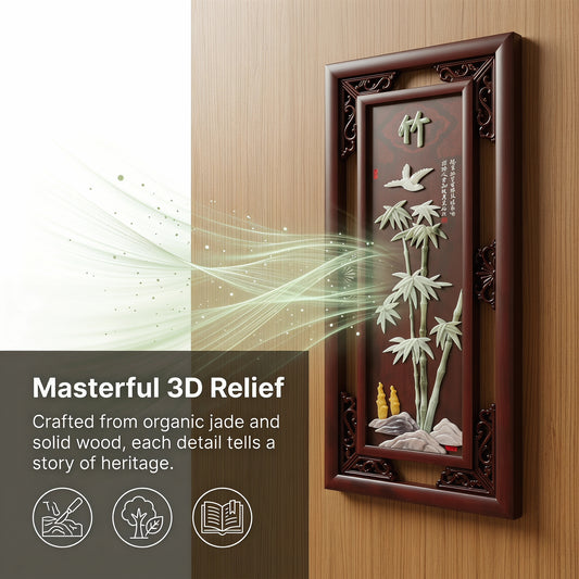Chinese Solid Wood Frame Plum Orchid Bamboo Chrysanthemum Four-Panel Painting，Jade Relief Wall Art For Living Room Teahouse