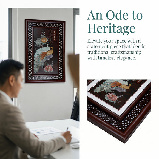 Handmade Peacock Peony Jade Carving Wall Hanging，Chinese Classical Solid Wood Wall Decor