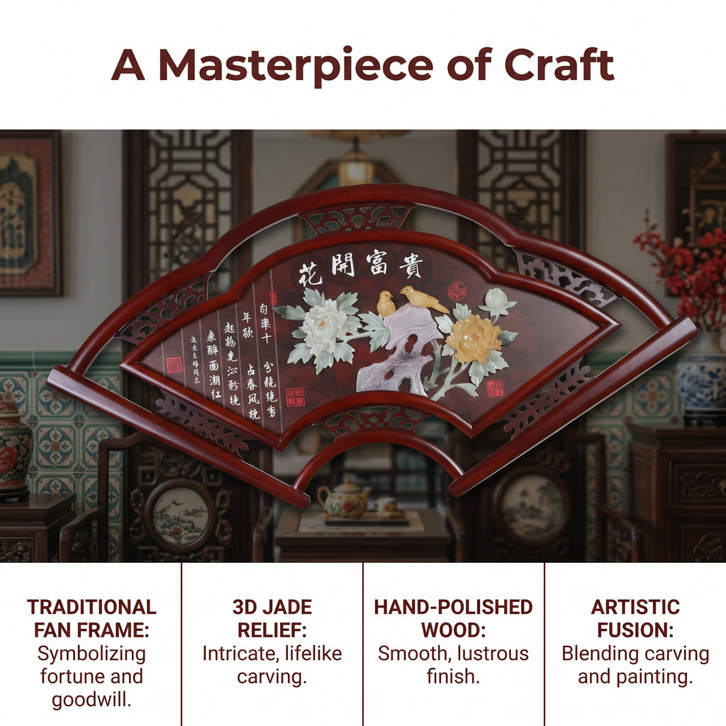 Fan-Shaped Blossom Prosperity Jade Carving Wall Art，Eyun Chinese Solid Wood Frame，Decor for Living Room,Dining Room,Study,Tea Room