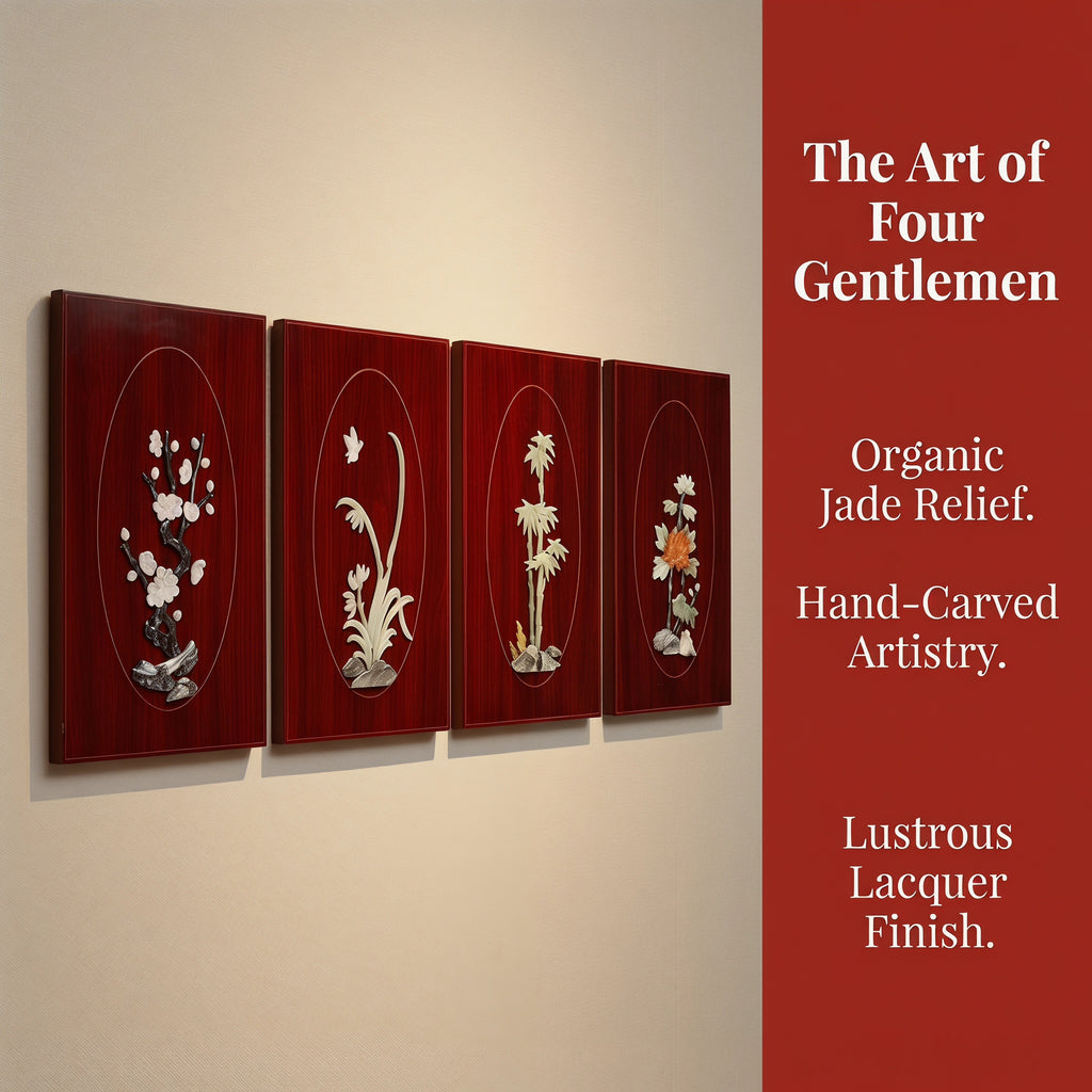 Chinese Classical Four Gentlemen Plum Orchid Bamboo Chrysanthemum Natural Jade Carving Wall Art 4PCS Scroll Painting