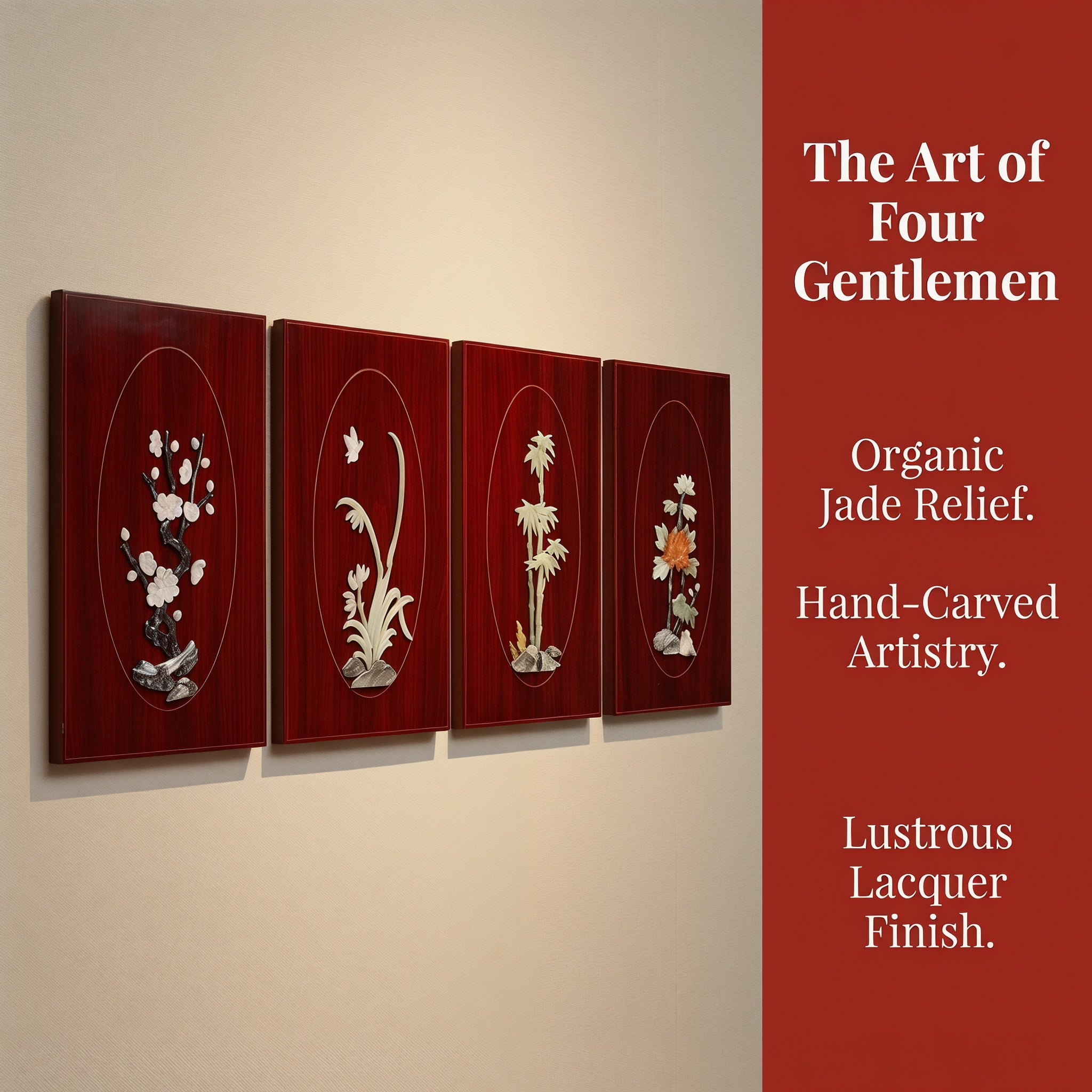 Chinese Classical Four Gentlemen Plum Orchid Bamboo Chrysanthemum Natural Jade Carving Wall Art 4PCS Scroll Painting
