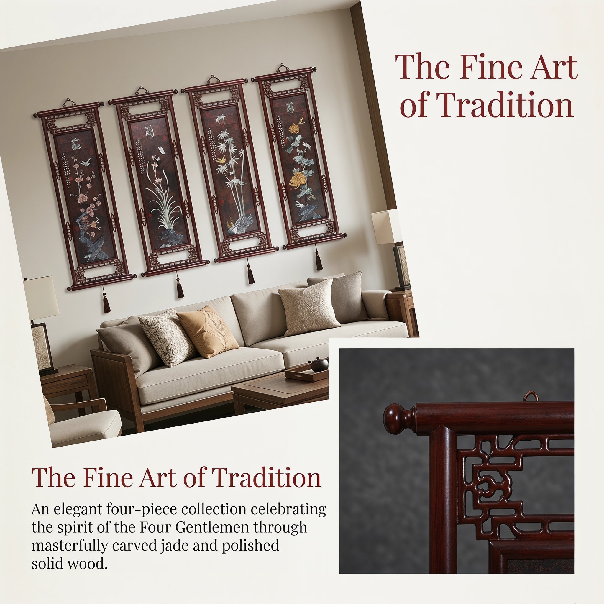 Traditional Chinese Solid Wood Framed Jade Art Four Gentlemen Scroll