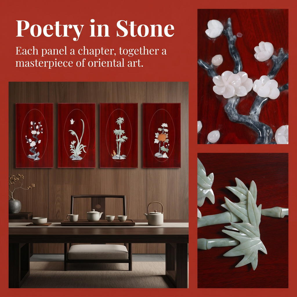 Chinese Classical Four Gentlemen Plum Orchid Bamboo Chrysanthemum Natural Jade Carving Wall Art 4PCS Scroll Painting