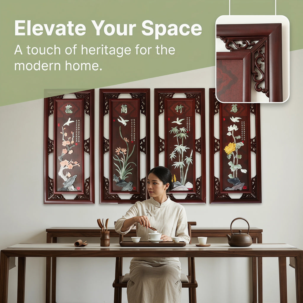 Chinese Solid Wood Frame Plum Orchid Bamboo Chrysanthemum Four-Panel Painting，Jade Relief Wall Art For Living Room Teahouse