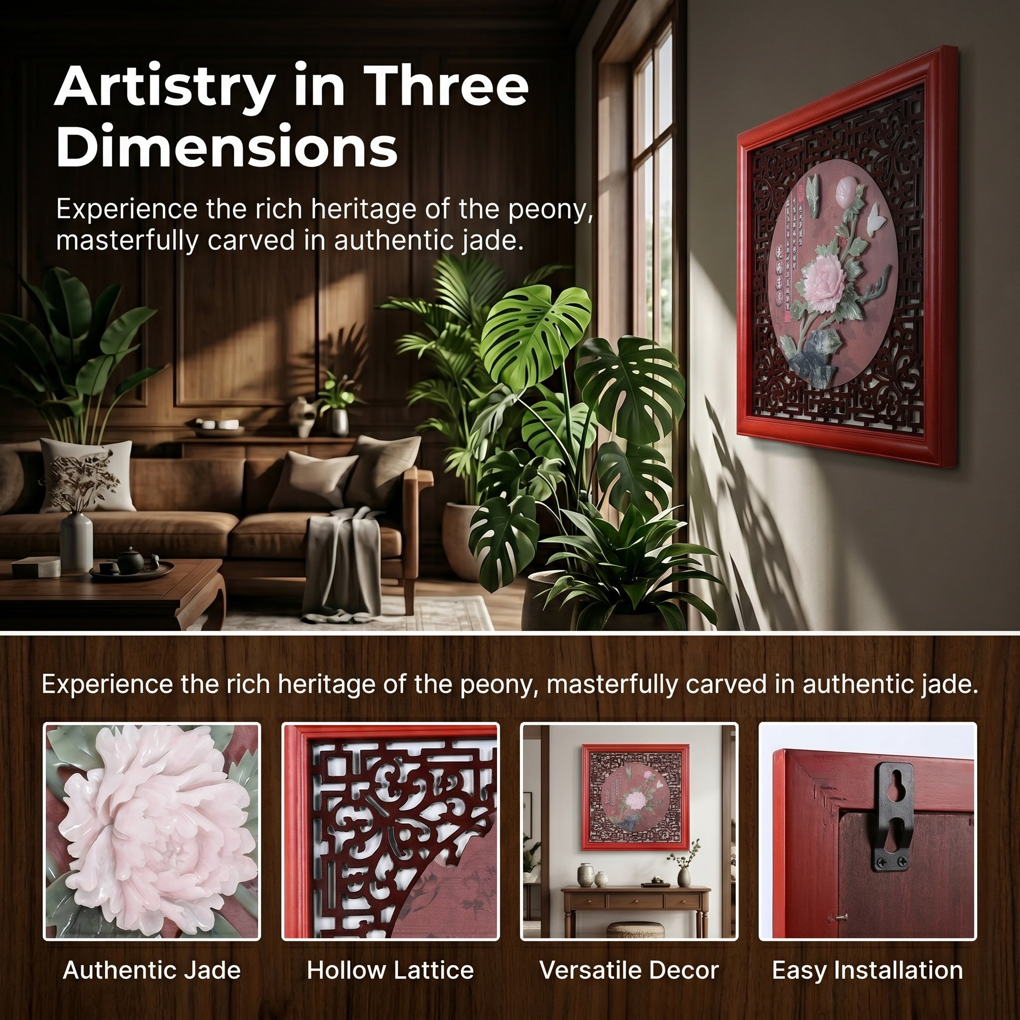 Luxury Eyun Peony Jade Carving Wall Art，3D Relief Solid Wood Framed Prosperity Decor