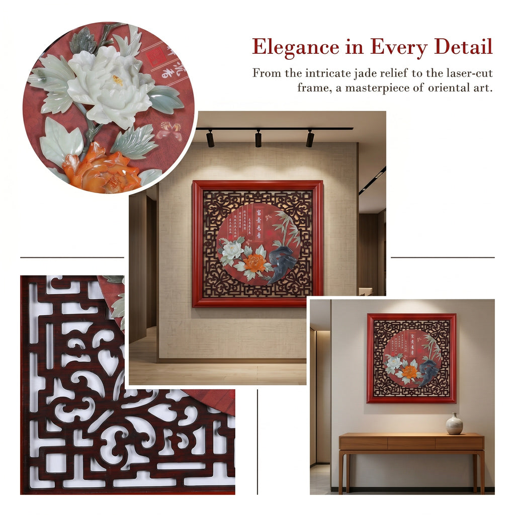 Luxury Eyun "Evergreen Prosperity" Jade Wall Art, Handmade 3D Relief Natural Jade Painting, Solid Wood Framed Chinese Feng Shui Decor