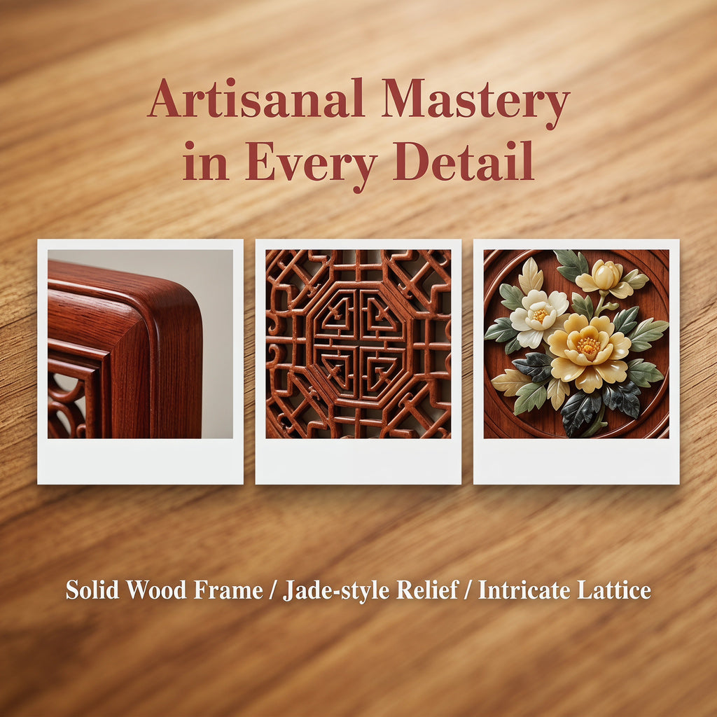 Luxury Eyun Jade Carving Wall Art, Handmade 3D Relief Natural Jade Painting with Solid Wood Frame, Chinese Feng Shui Decor