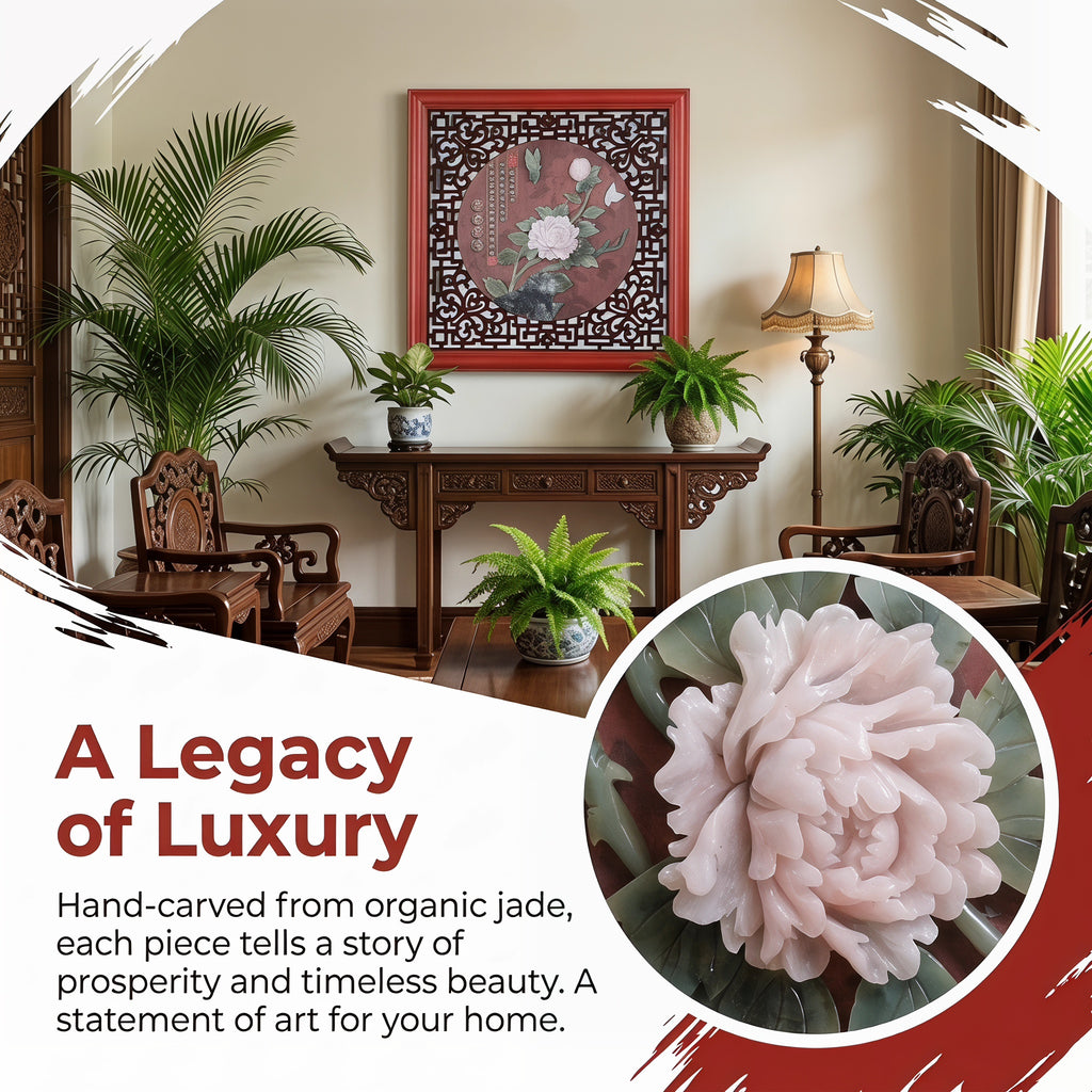 Luxury Eyun Peony Jade Carving Wall Art，3D Relief Solid Wood Framed Prosperity Decor