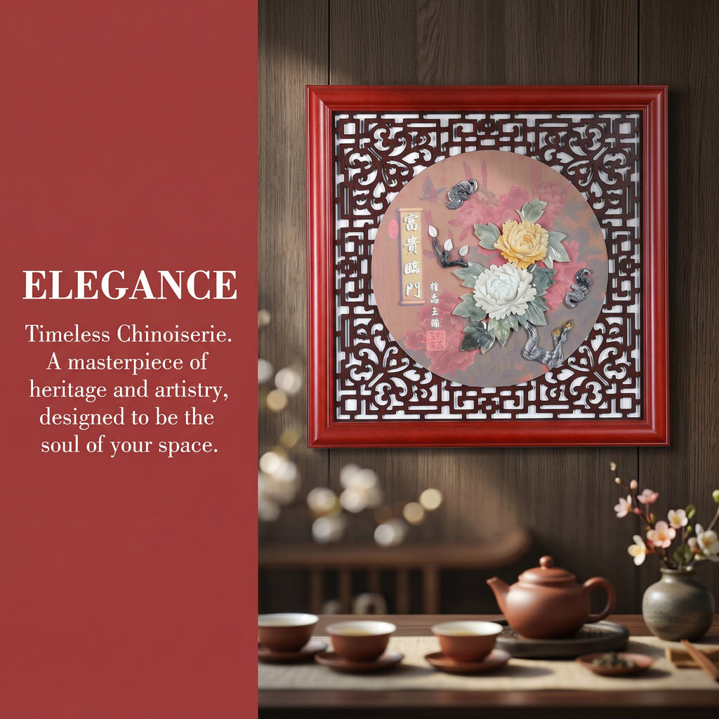 Luxury Eyun Jade Carving Wall Art, Handmade 3D Relief Natural Jade Painting with Solid Wood Frame, Chinese Feng Shui Decor