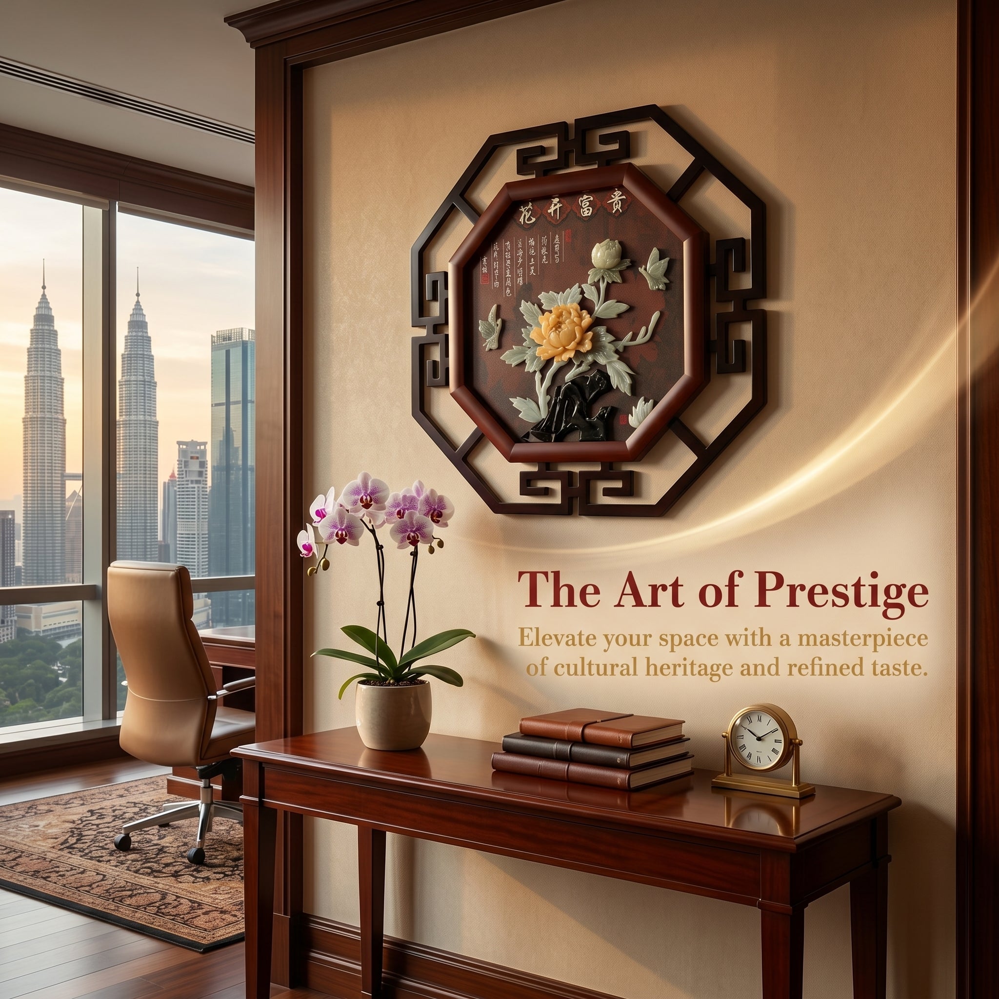 Octagonal Blossom Prosperity Jade Relief Wall Art,Solid Wood Frame Chinese Handmade Wall Decor For Living Room Bedroom