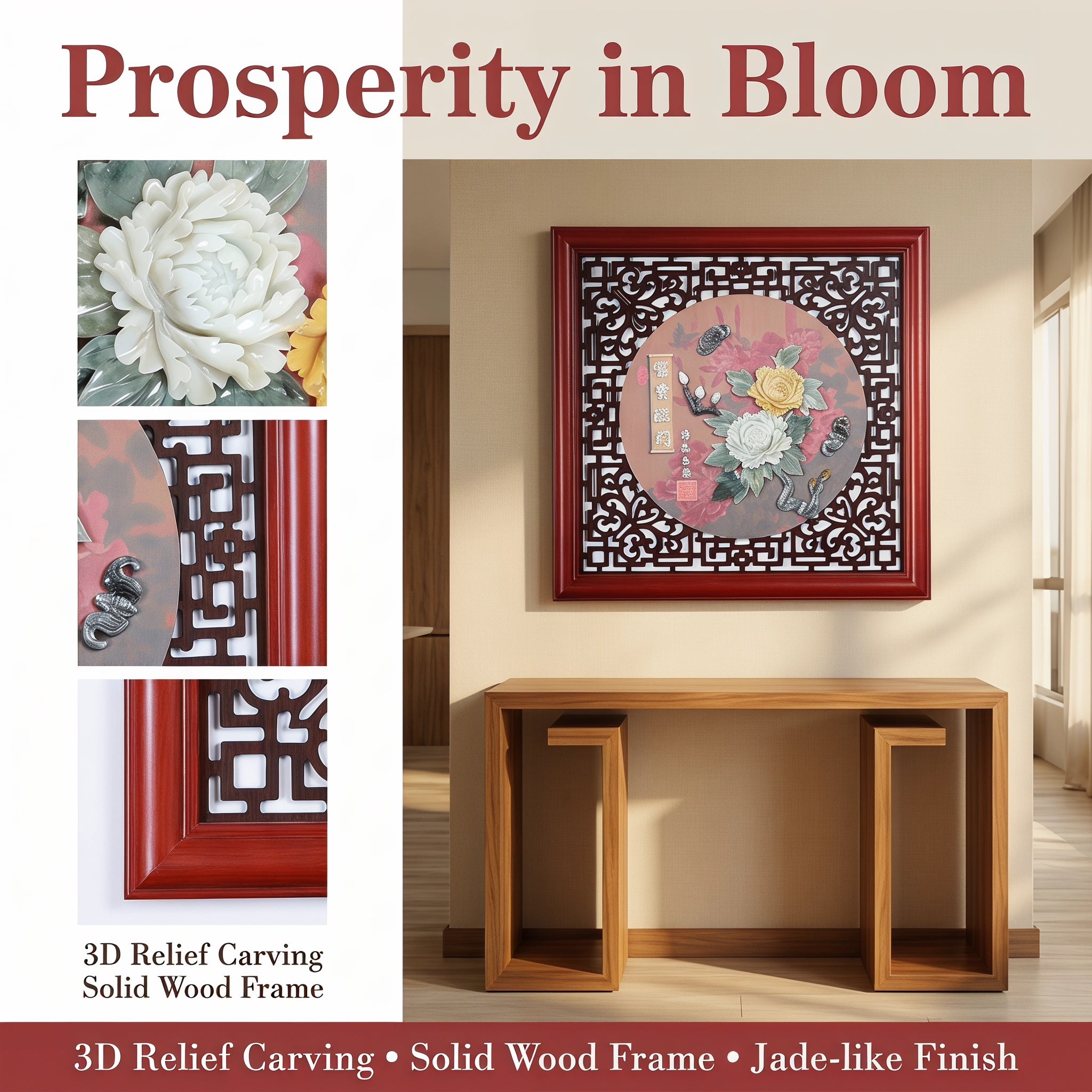 Luxury Eyun Jade Carving Wall Art, Handmade 3D Relief Natural Jade Painting with Solid Wood Frame, Chinese Feng Shui Decor