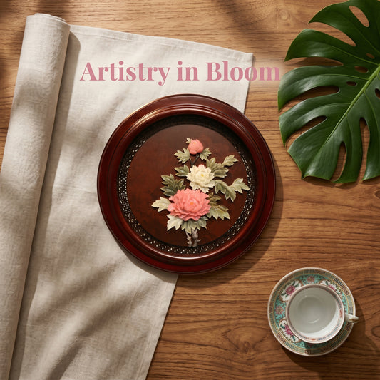 Chinese Handmade Peony Round Jade Relief Wall Art