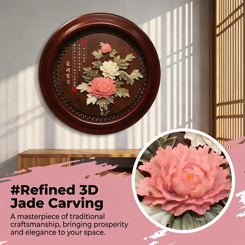 Chinese Handmade Peony Round Jade Relief Wall Art