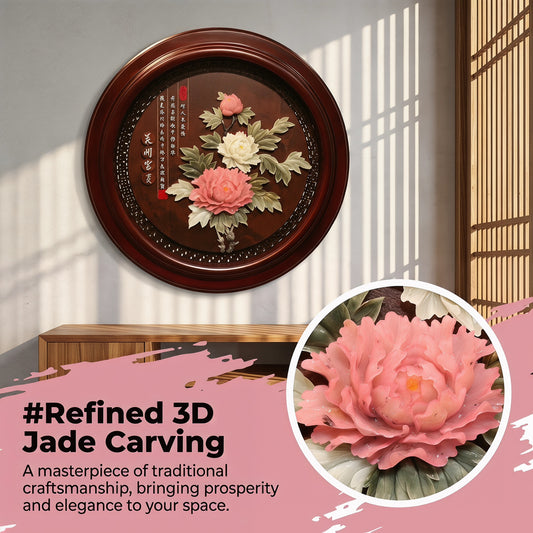 Chinese Handmade Peony Round Jade Relief Wall Art