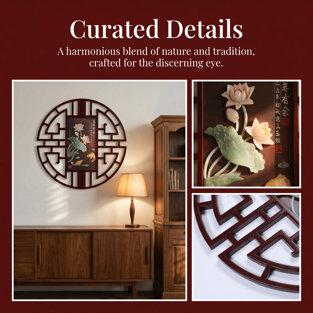 Luxury Eyun Lucky Fish Lotus Jade Wall Art,3D Relief Prosperity Decor
