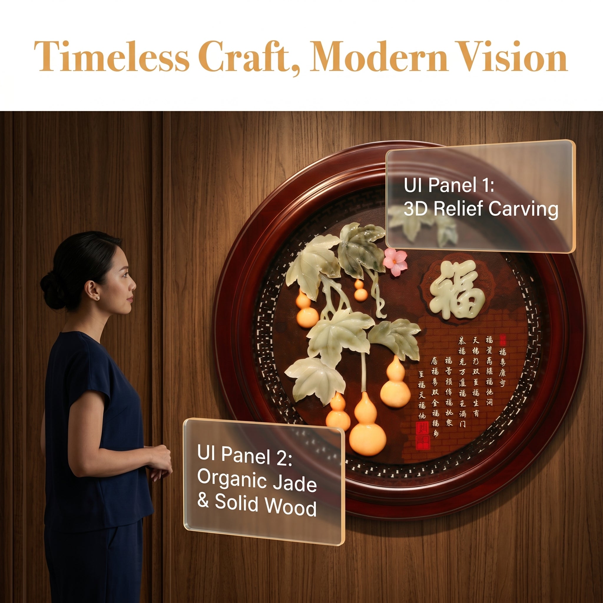 Eyun Chinese 3D Jade Carving Gourd Fu Character Wall Art