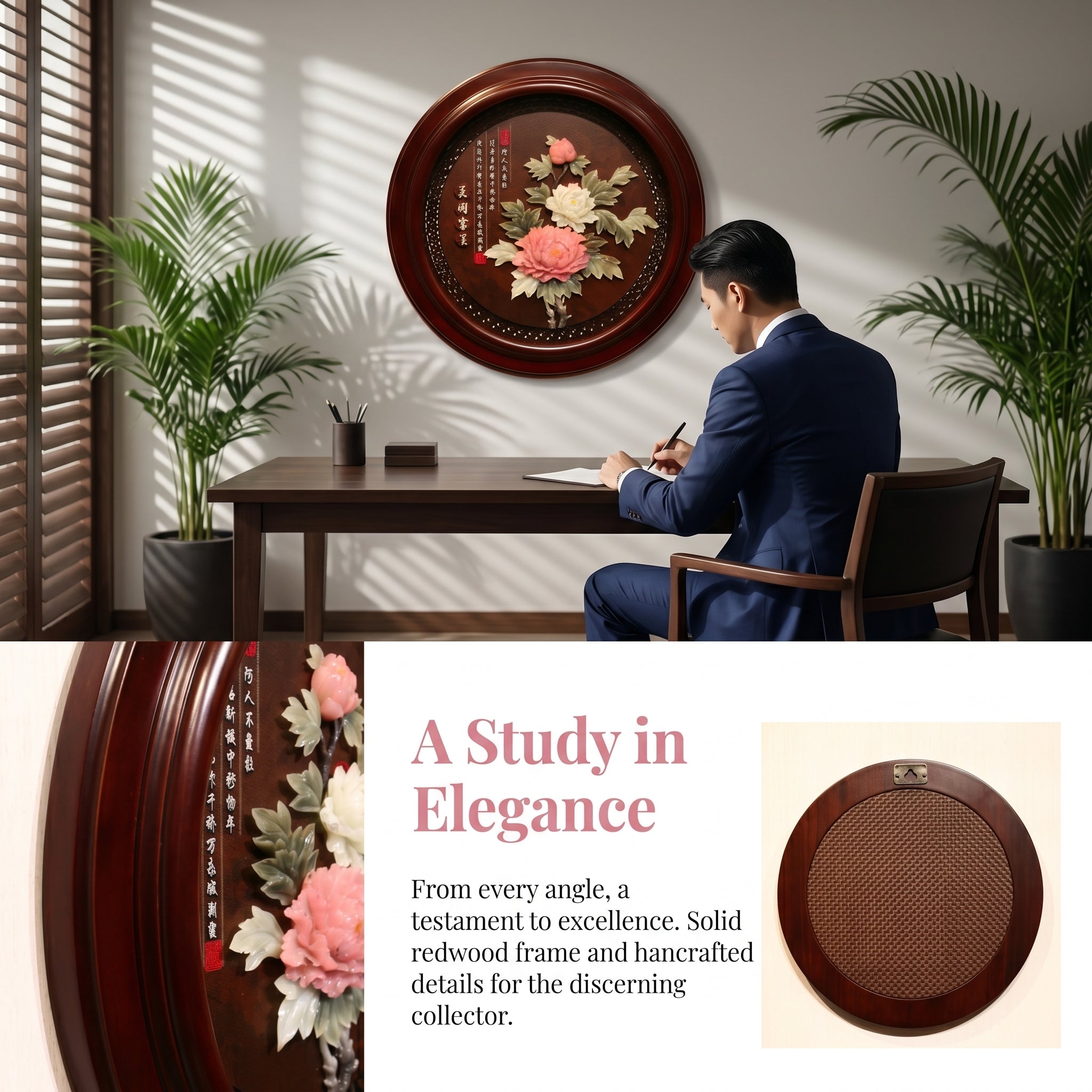 Chinese Handmade Peony Round Jade Relief Wall Art