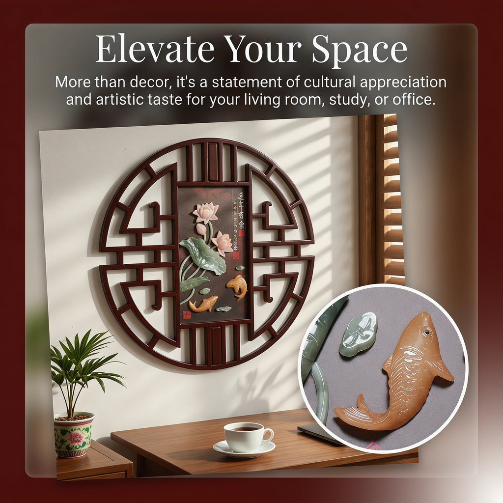Luxury Eyun Lucky Fish Lotus Jade Wall Art,3D Relief Prosperity Decor