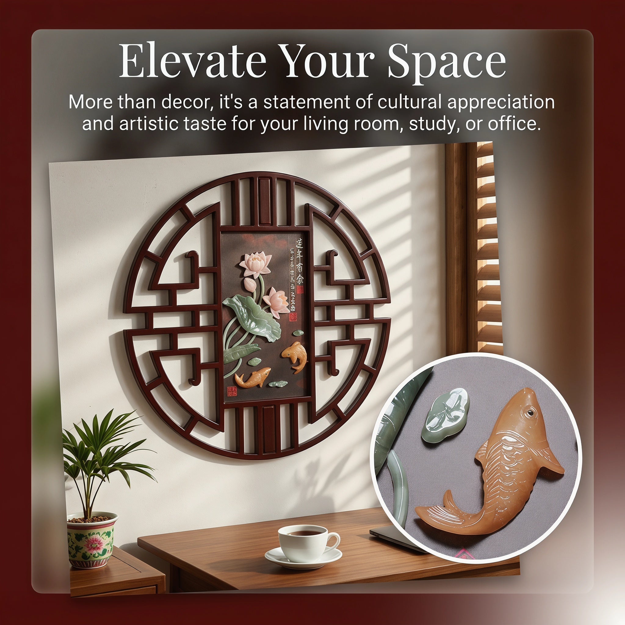 Luxury Eyun Lucky Fish Lotus Jade Wall Art,3D Relief Prosperity Decor