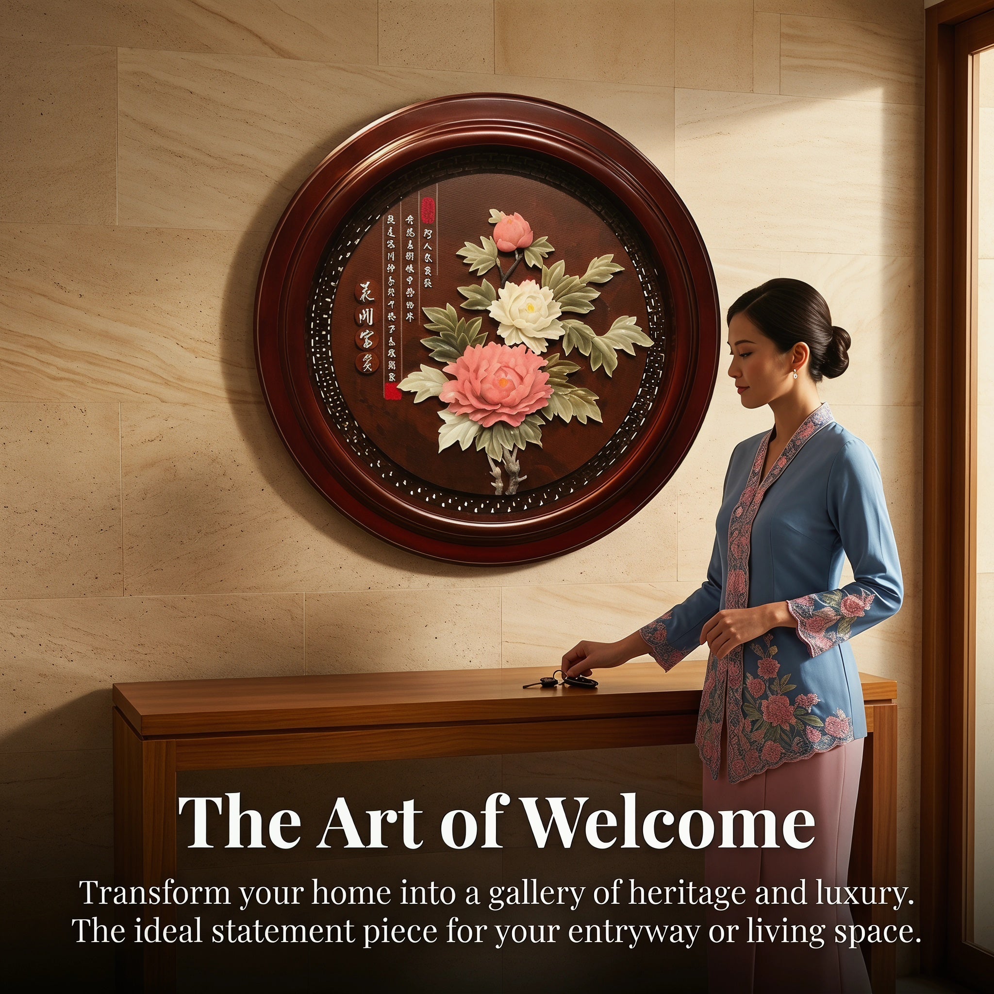 Chinese Handmade Peony Round Jade Relief Wall Art